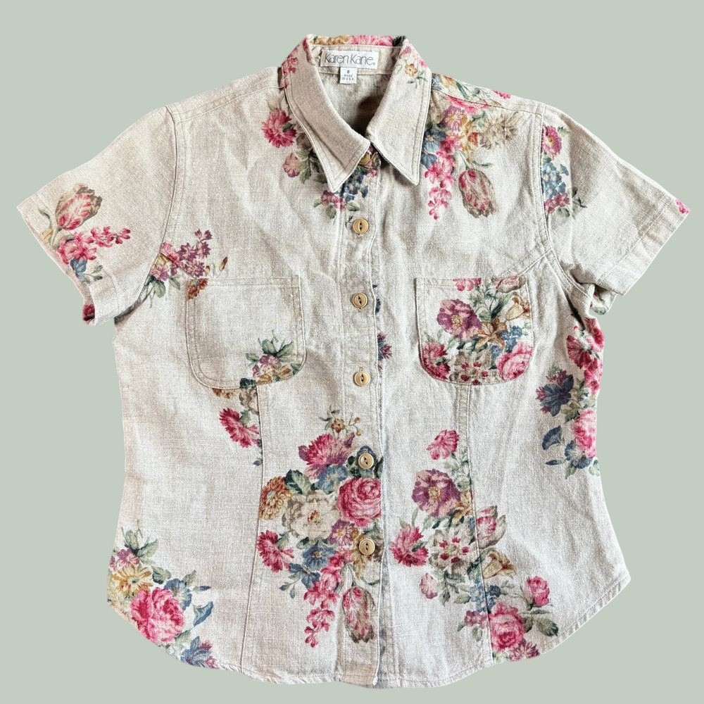 Karen Kane Shirt 8 Tan Linen Blend Floral Tapestry Button Down Grannycore Garden